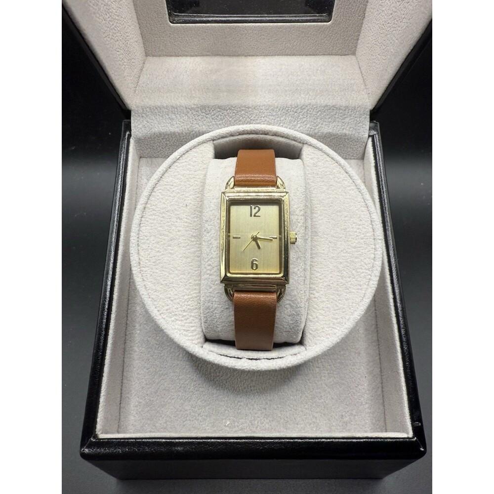 FMD Rectangular Gold Analog Quartz Wristwatch Brown Faux Leather Strap